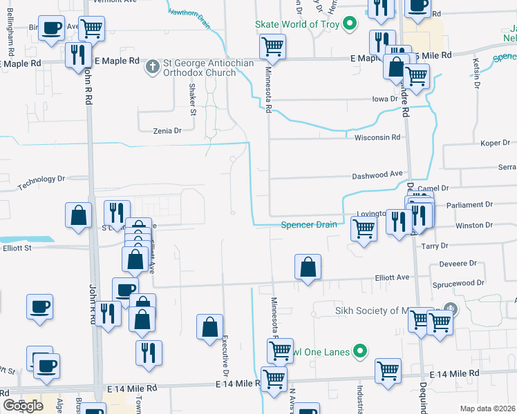 map of restaurants, bars, coffee shops, grocery stores, and more near 895 Minnesota Drive in Troy
