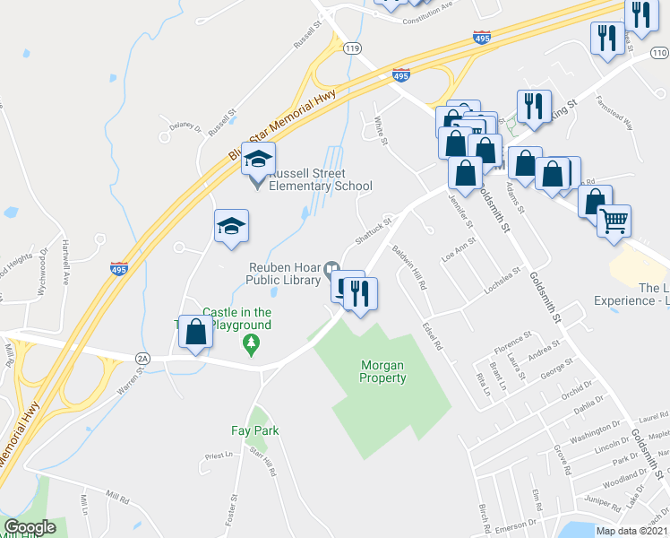 map of restaurants, bars, coffee shops, grocery stores, and more near 37 Shattuck Street in Littleton
