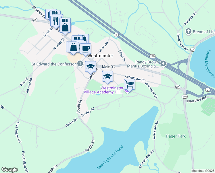 map of restaurants, bars, coffee shops, grocery stores, and more near 9 Academy Hill Road in Westminster
