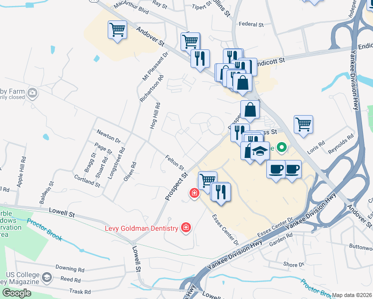 map of restaurants, bars, coffee shops, grocery stores, and more near 9 Essex Lane in Peabody