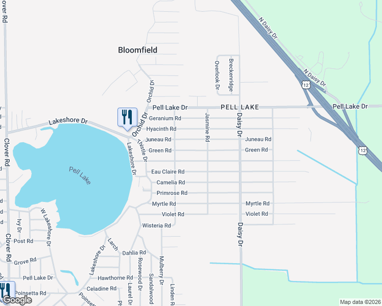 map of restaurants, bars, coffee shops, grocery stores, and more near W978 Green Road in Genoa City