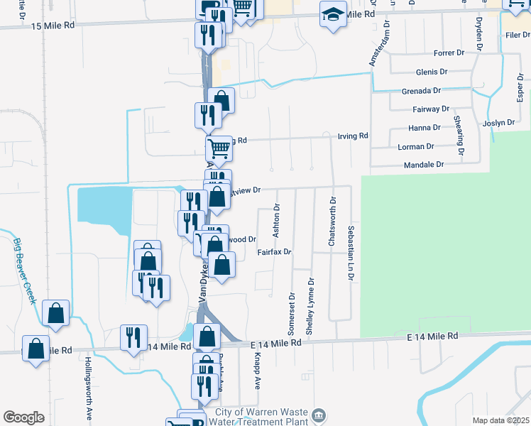 map of restaurants, bars, coffee shops, grocery stores, and more near 33847 Ashton Drive in Sterling Heights