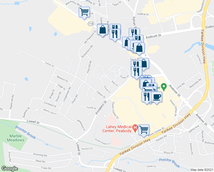 map of restaurants, bars, coffee shops, grocery stores, and more near 99 Essex Place in Peabody