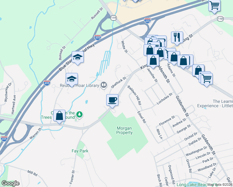 map of restaurants, bars, coffee shops, grocery stores, and more near 362 King Street in Littleton