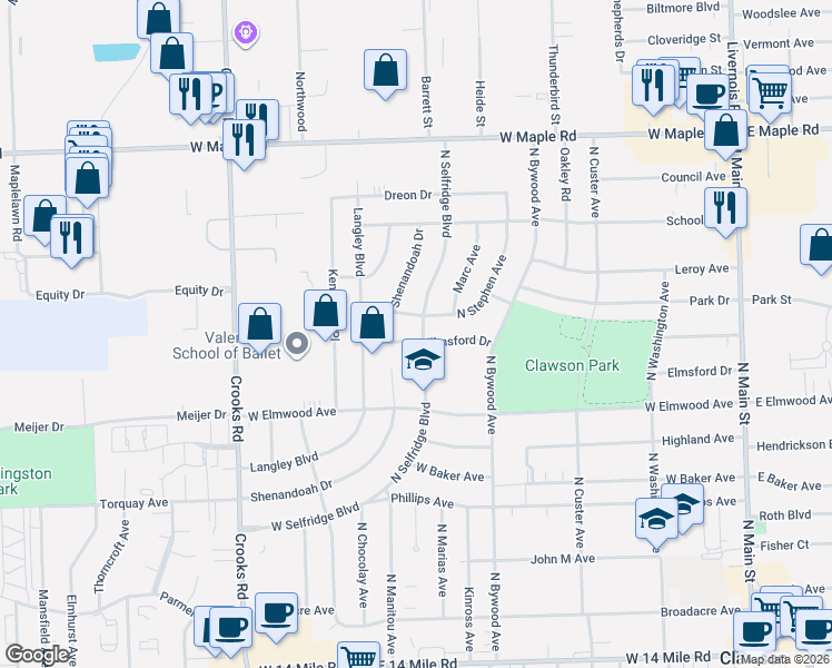 map of restaurants, bars, coffee shops, grocery stores, and more near 953 West Stephen Avenue in Clawson