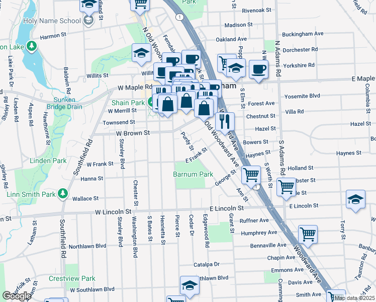 map of restaurants, bars, coffee shops, grocery stores, and more near 662 Purdy Street in Birmingham