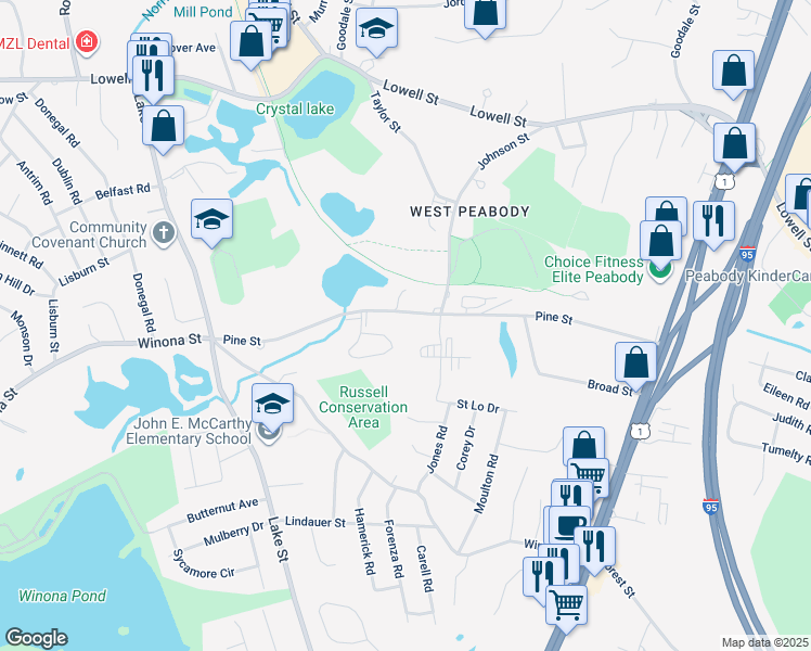 map of restaurants, bars, coffee shops, grocery stores, and more near 55 Pine Street in Peabody