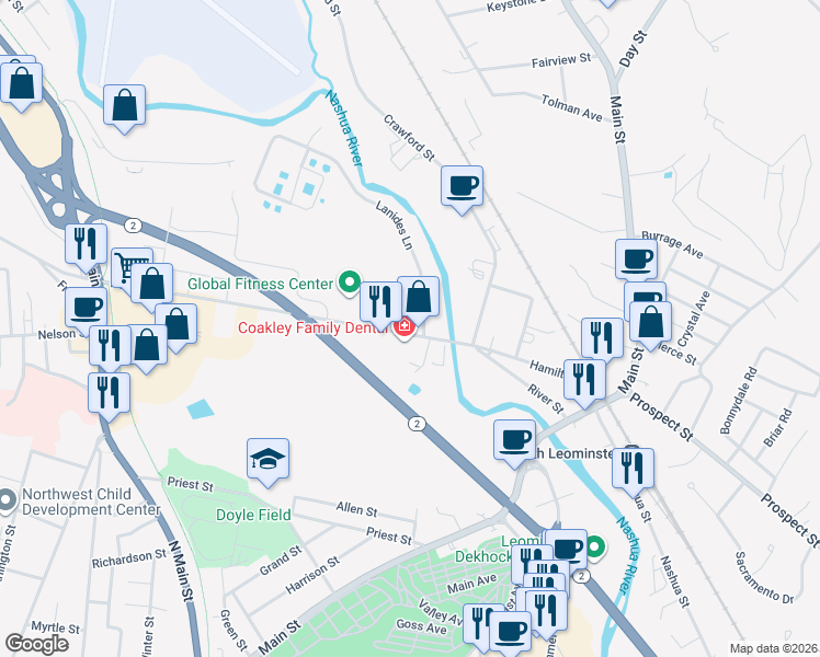 map of restaurants, bars, coffee shops, grocery stores, and more near 12 Lanides Lane in Leominster