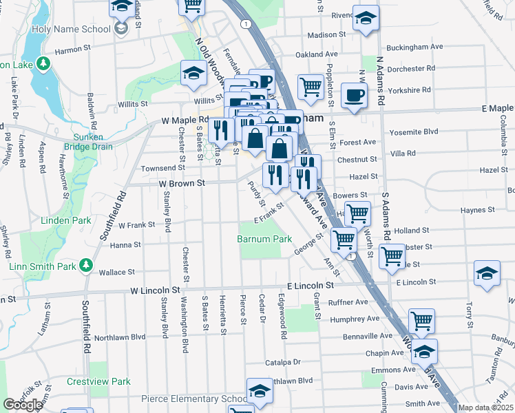 map of restaurants, bars, coffee shops, grocery stores, and more near 660 Purdy Street in Birmingham