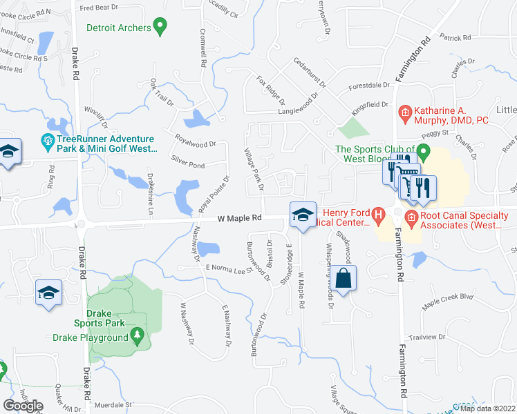 map of restaurants, bars, coffee shops, grocery stores, and more near 6430 Village Park Drive in West Bloomfield Township