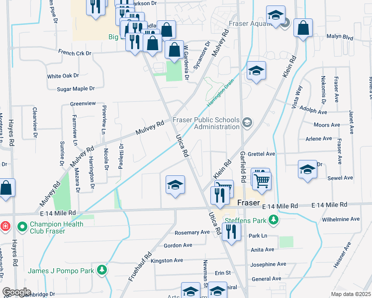 map of restaurants, bars, coffee shops, grocery stores, and more near 33400 Utica Road in Fraser