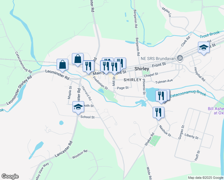 map of restaurants, bars, coffee shops, grocery stores, and more near 21 Mill Street in Shirley
