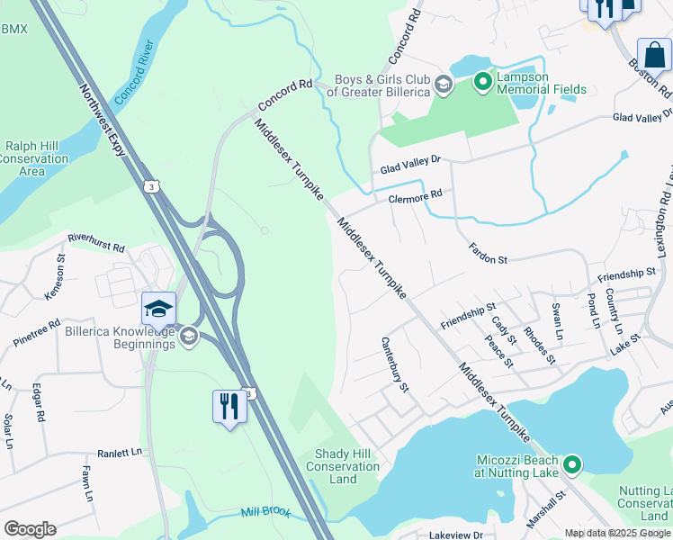 map of restaurants, bars, coffee shops, grocery stores, and more near 7 Hattie Lane in Billerica