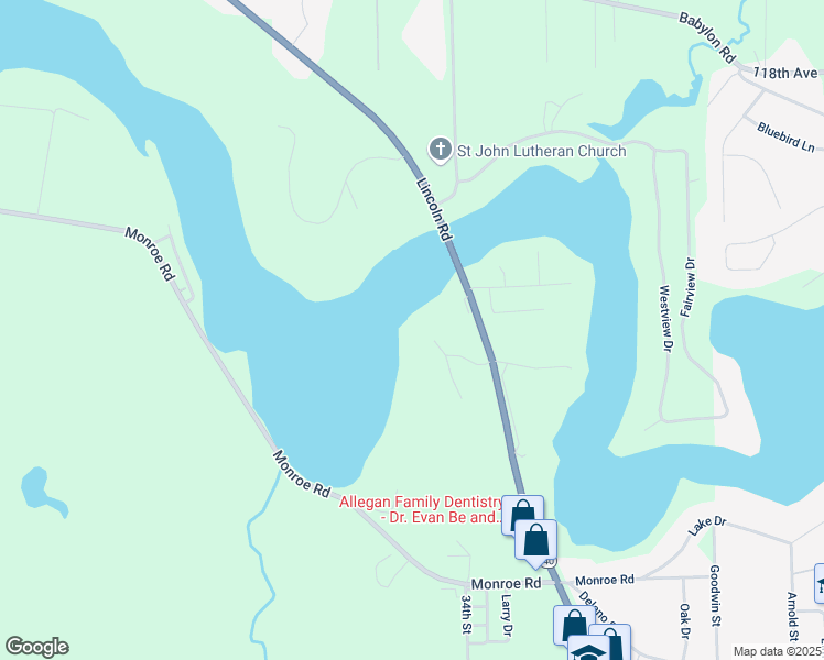 map of restaurants, bars, coffee shops, grocery stores, and more near 1698 River Ridge Court in Allegan