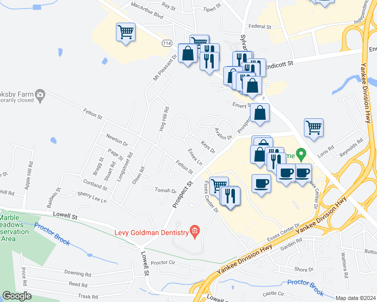 map of restaurants, bars, coffee shops, grocery stores, and more near 6 Essex Lane in Peabody