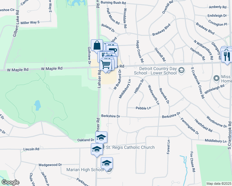 map of restaurants, bars, coffee shops, grocery stores, and more near 3656 West Bradford Drive in Bloomfield Hills