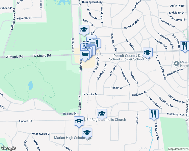 map of restaurants, bars, coffee shops, grocery stores, and more near 3656 West Bradford Drive in Bloomfield Hills