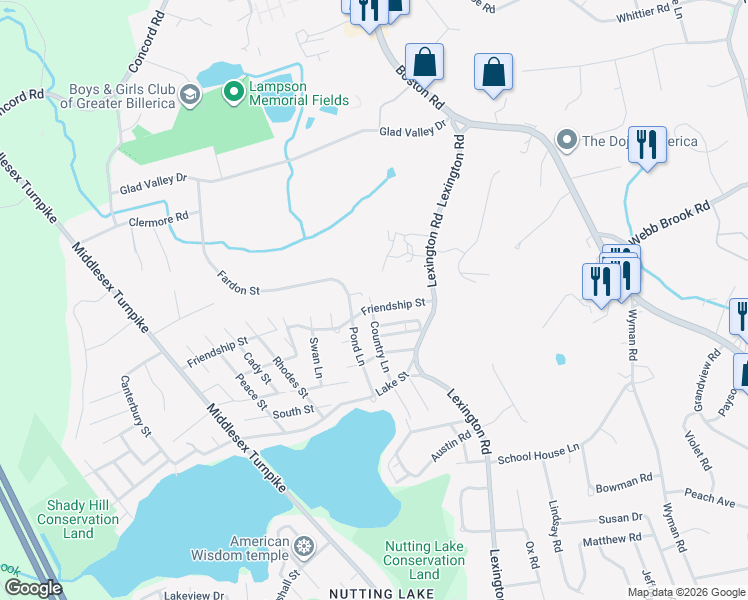 map of restaurants, bars, coffee shops, grocery stores, and more near 33 Country Lane in Billerica