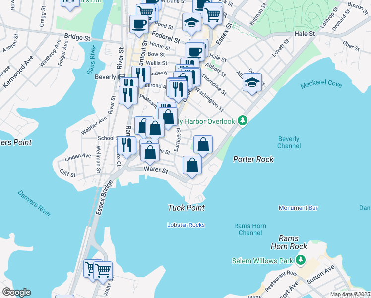 map of restaurants, bars, coffee shops, grocery stores, and more near 15 Fossa Terrace in Beverly