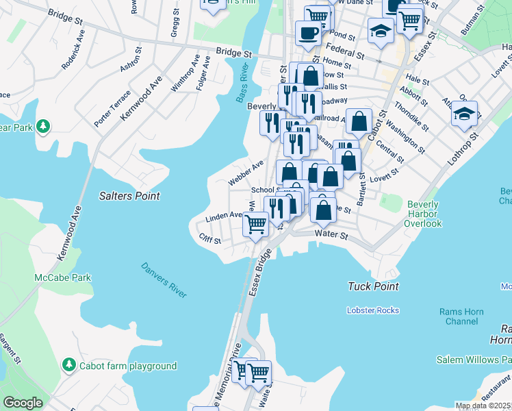map of restaurants, bars, coffee shops, grocery stores, and more near 31 Ellingwood Court in Beverly