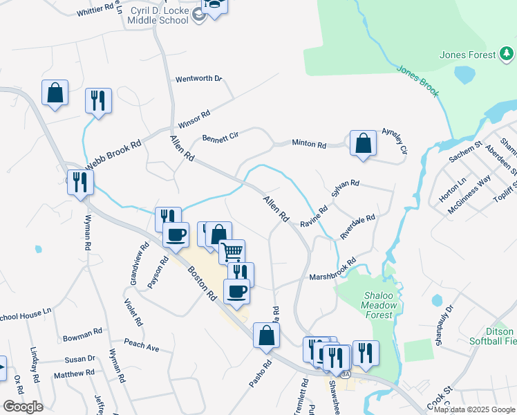 map of restaurants, bars, coffee shops, grocery stores, and more near 179 Allen Road in Billerica