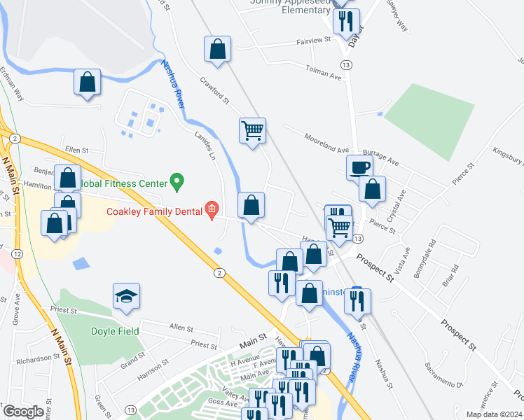 map of restaurants, bars, coffee shops, grocery stores, and more near 23 Crawford Street in Leominster