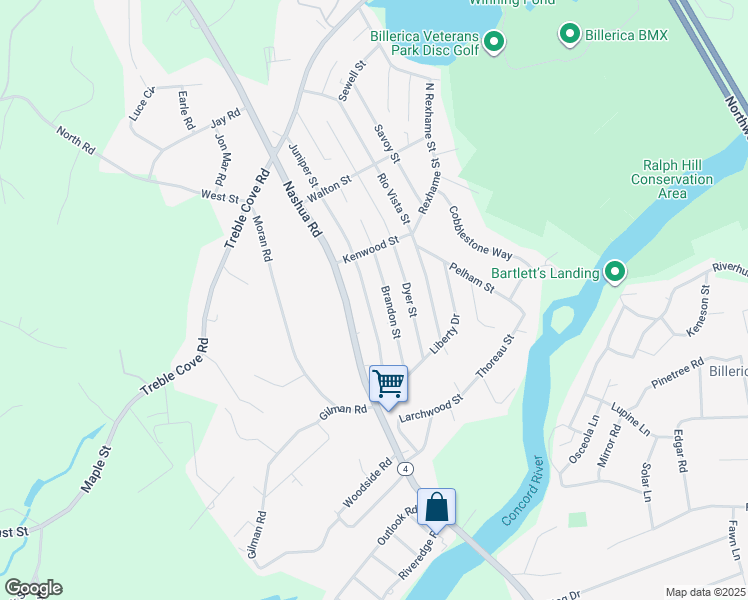 map of restaurants, bars, coffee shops, grocery stores, and more near 44 Juniper Street in Billerica