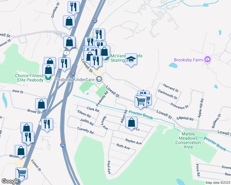 map of restaurants, bars, coffee shops, grocery stores, and more near 497 Lowell Street in Peabody