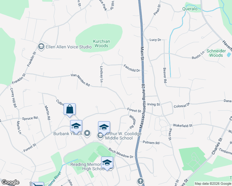 map of restaurants, bars, coffee shops, grocery stores, and more near 39 Van Norden Road in Reading