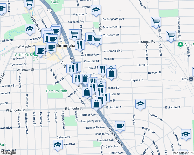map of restaurants, bars, coffee shops, grocery stores, and more near 1010 Bowers Street in Birmingham