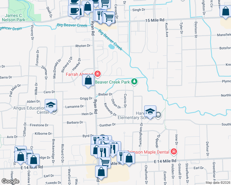 map of restaurants, bars, coffee shops, grocery stores, and more near 4288 Bieber Drive in Sterling Heights