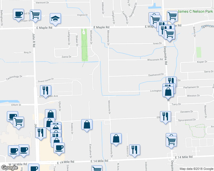 map of restaurants, bars, coffee shops, grocery stores, and more near 895 Minnesota Drive in Troy
