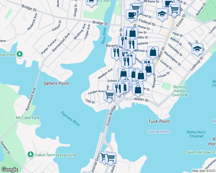 map of restaurants, bars, coffee shops, grocery stores, and more near 31 Ellingwood Court in Beverly