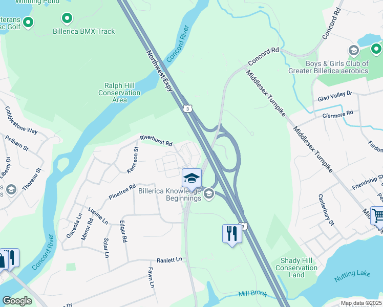 map of restaurants, bars, coffee shops, grocery stores, and more near 5 Riverhurst Road in Billerica