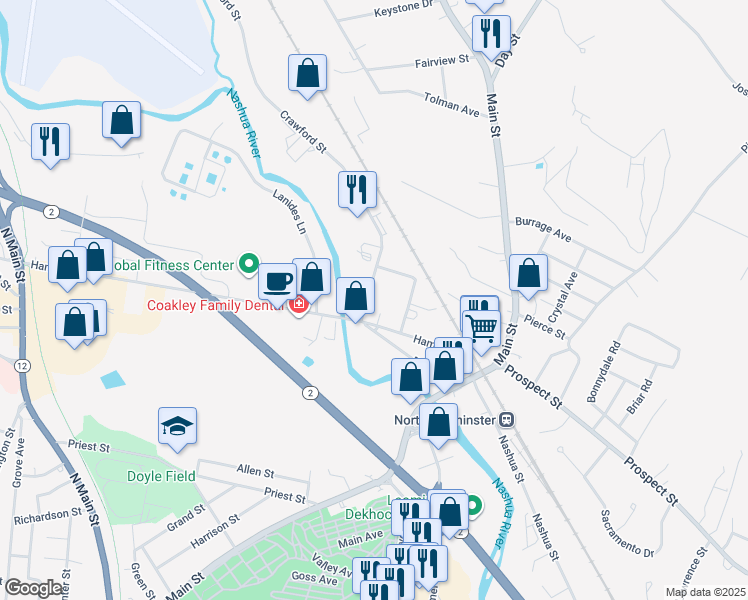 map of restaurants, bars, coffee shops, grocery stores, and more near 23 Crawford Street in Leominster