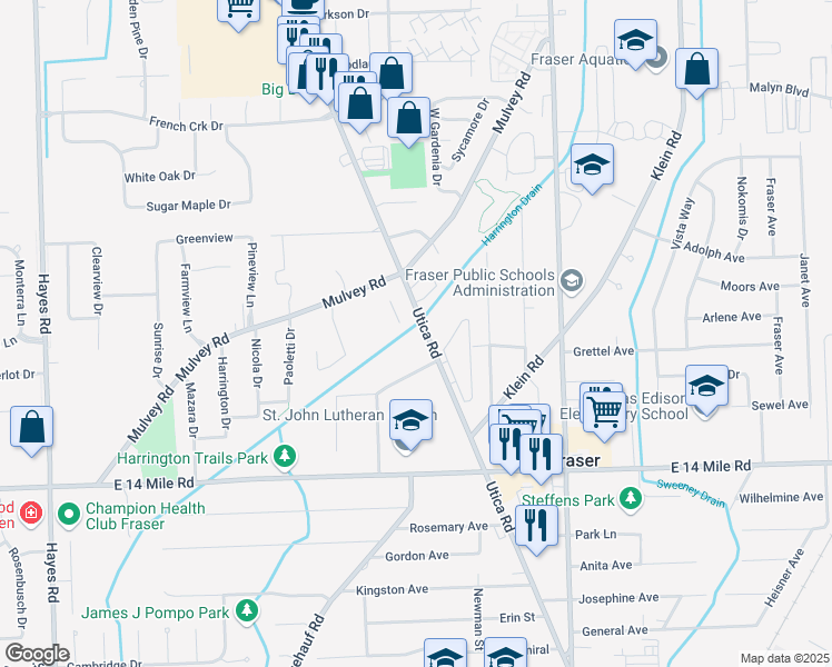 map of restaurants, bars, coffee shops, grocery stores, and more near 33621 Utica Road in Fraser
