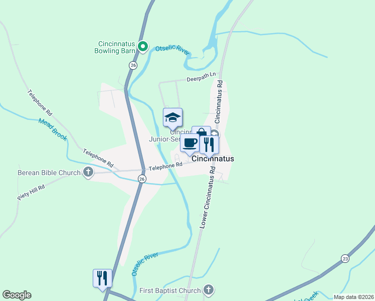 map of restaurants, bars, coffee shops, grocery stores, and more near 5719 Telephone Road in Cincinnatus