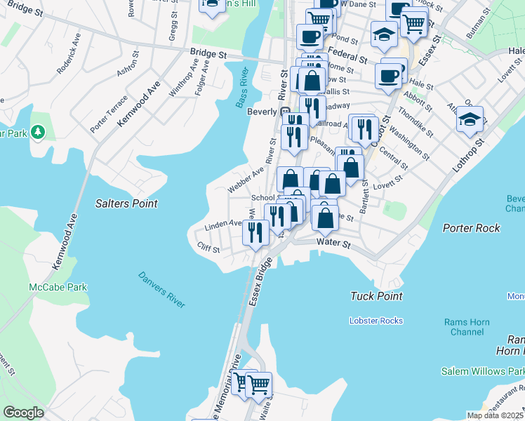 map of restaurants, bars, coffee shops, grocery stores, and more near 31 Ellingwood Ct in Beverly