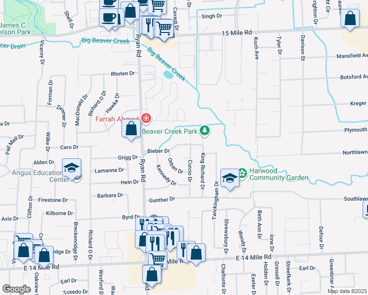 map of restaurants, bars, coffee shops, grocery stores, and more near 4288 Bieber Drive in Sterling Heights
