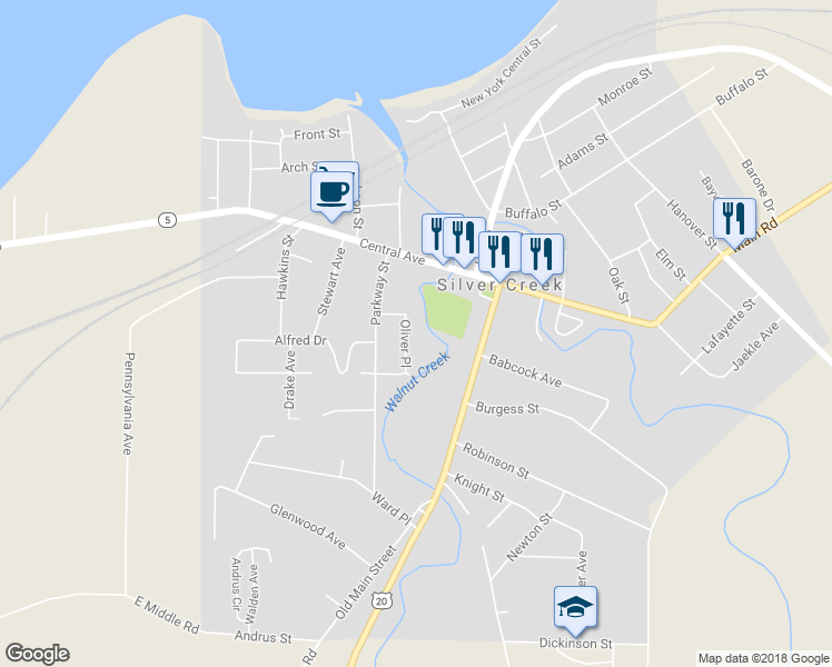 map of restaurants, bars, coffee shops, grocery stores, and more near 26 Burgess Street in Silver Creek