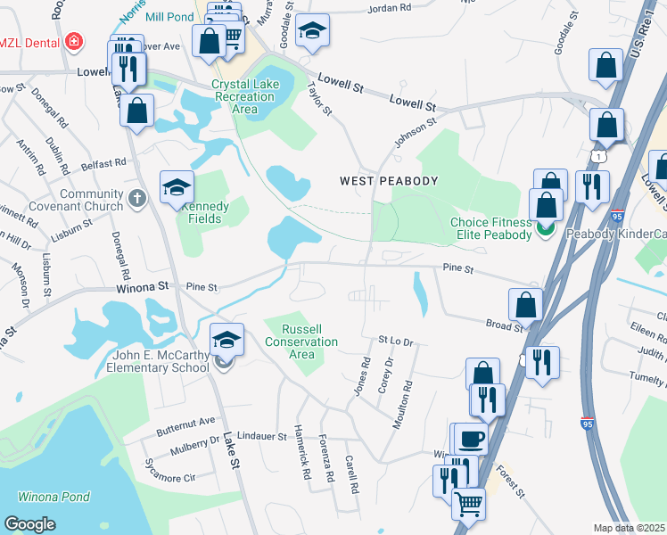 map of restaurants, bars, coffee shops, grocery stores, and more near 56 Pine Street in Peabody