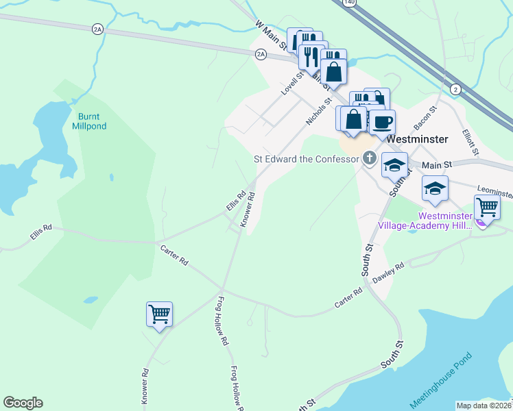 map of restaurants, bars, coffee shops, grocery stores, and more near 6 Knower Road in Westminster