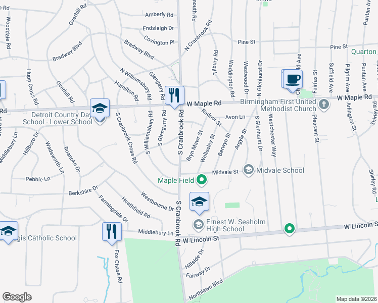 map of restaurants, bars, coffee shops, grocery stores, and more near 421 South Cranbrook Road in Birmingham