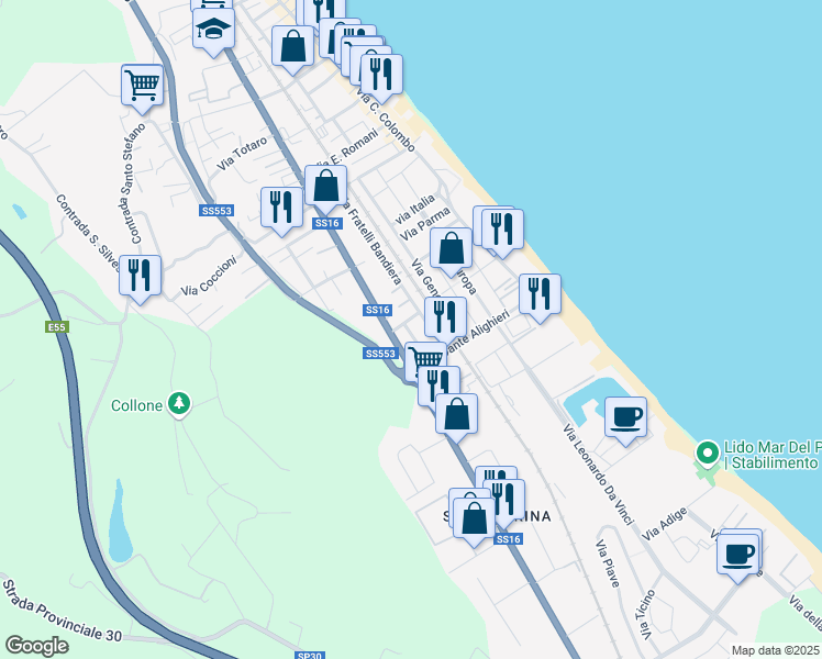 map of restaurants, bars, coffee shops, grocery stores, and more near 108 Via Fratelli Bandiera in Silvi