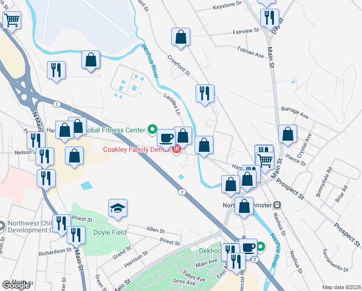 map of restaurants, bars, coffee shops, grocery stores, and more near 12 Lanides Lane in Leominster