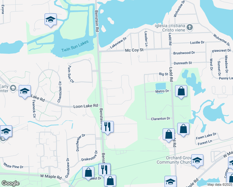 map of restaurants, bars, coffee shops, grocery stores, and more near 1614 Nottingham Court in Commerce Charter Township