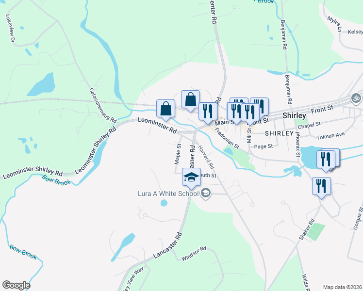 map of restaurants, bars, coffee shops, grocery stores, and more near 2 Maple Street in Shirley