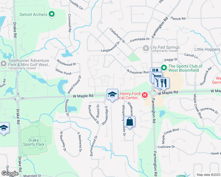 map of restaurants, bars, coffee shops, grocery stores, and more near 5236 Bentley Road in West Bloomfield Township