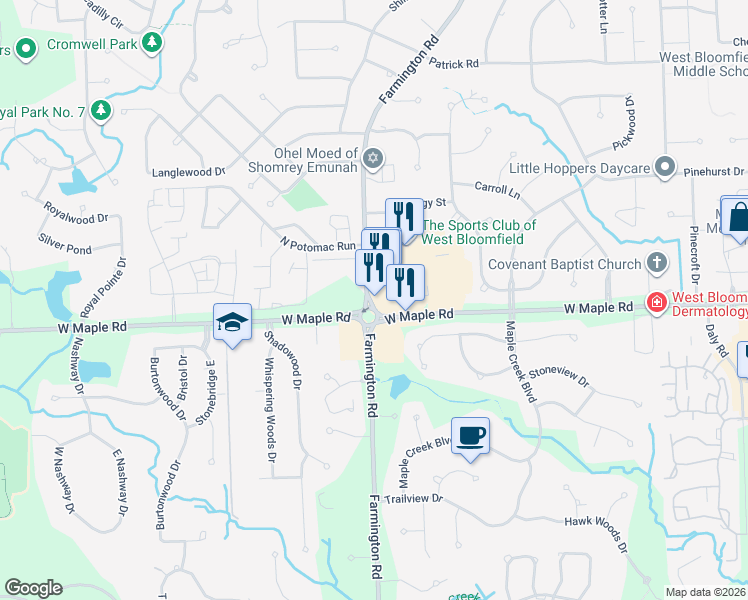 map of restaurants, bars, coffee shops, grocery stores, and more near 6096 Farmington Road in Oakland County