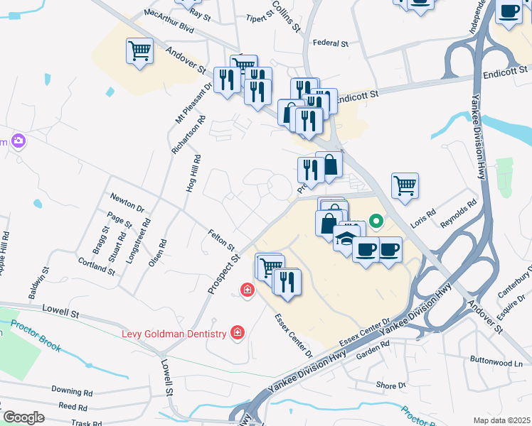 map of restaurants, bars, coffee shops, grocery stores, and more near 7 Keys Drive in Peabody
